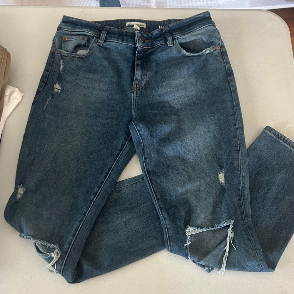 Warp + Weft Los Angeles LAX‎ Slim Ankle Crop 28X27 Ripped Knee Straight Leg EUC